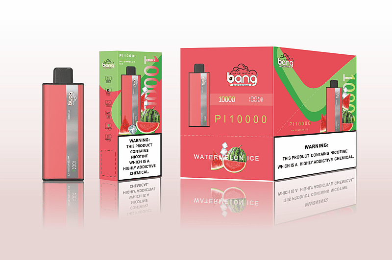 Red vape device packaging featuring "Bang" branding and "Watermelon Ice" flavor, with a nicotine warning label.