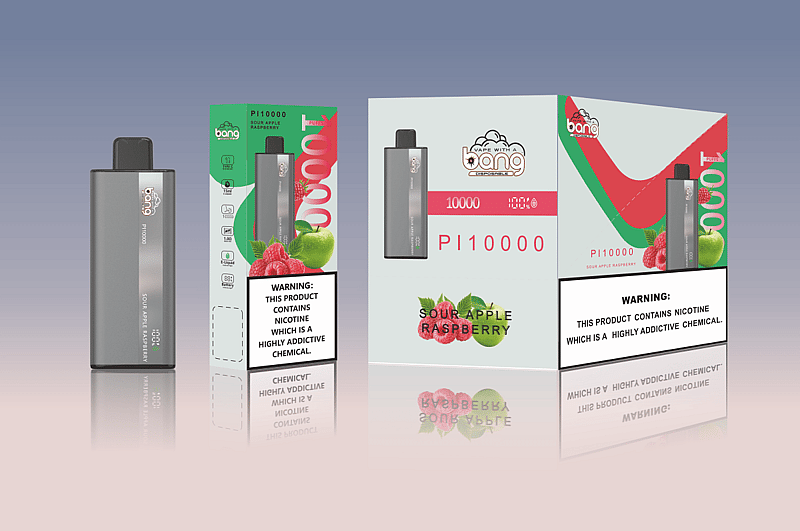 Vape device packaging for Bang PI10000 Sour Apple Raspberry flavor, featuring a gray vape device, fruit images, and nicotine warning labels.