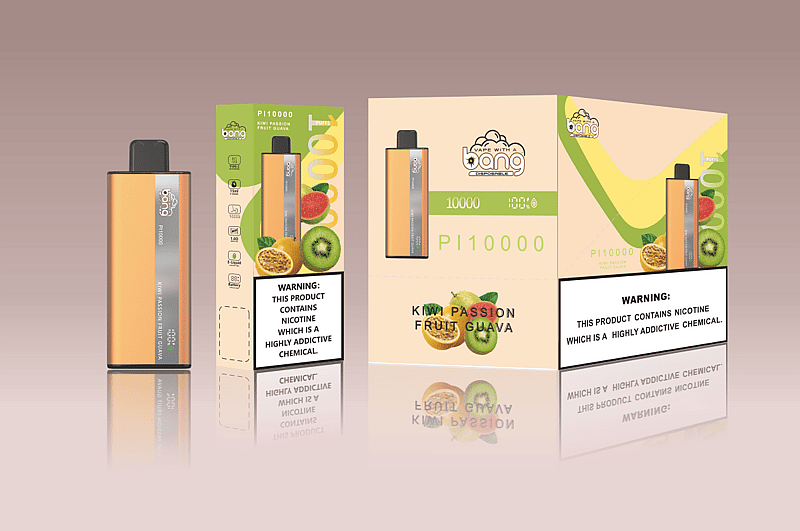 Orange vape device with packaging displaying "Kiwi Passion Fruit Guava" flavor, 10,000 puffs, and nicotine warning label.