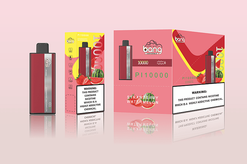 Red vape device labeled "Bang," with "Strawberry Watermelon" flavor text and packaging displaying strawberries and watermelon slices, alongside a nicotine warning.