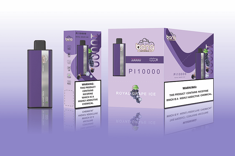 Purple vape device packaging with branding for "Bang" featuring the flavor "Royal Grape Ice," alongside warnings about nicotine content.