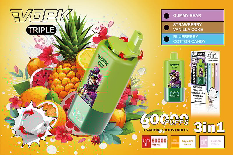 Reklambild som visar upp VOPK Triple vape-enheten, med livfulla fruktillustrationer och beskrivningar av tre smaker: Gummy Bear, Strawberry Vanilla Coke och Blueberry Cotton Candy, med en justerbar 3-i-1-design som erbjuder upp till 60 000 bloss.