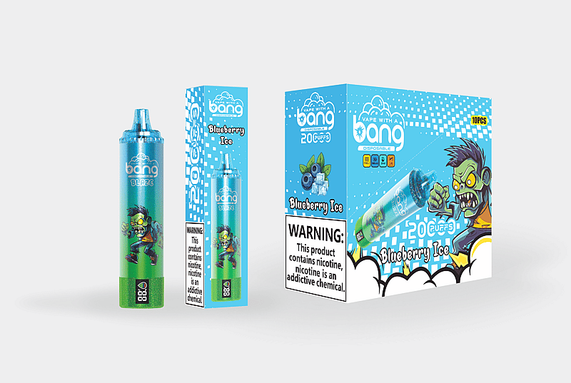 Blueberry Ice flavored disposable vape with vibrant packaging, featuring a green cartoon character, product box, and nicotine warning label.