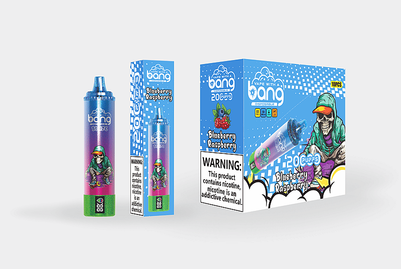 Disposable vape packaging with a "Bang" brand, labeled "Blueberry Raspberry" flavor, featuring a graffiti-style skeleton character in a hoodie and cap, and warnings about nicotine addiction.