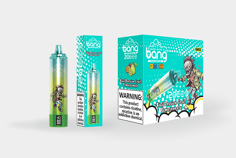 Disposable vape packaging and device featuring a zombie illustration, labeled "Bang" with flavor "Kiwi Passion Fruit Pomegranate," and a warning stating "This product contains nicotine, nicotine is an addictive chemical."