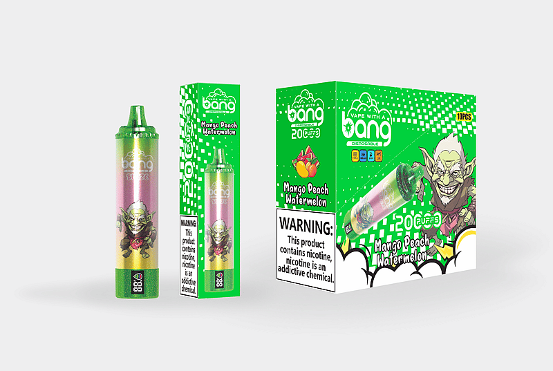 Bang disposable vape product packaging featuring a green and pink color theme, labeled "Mango Peach Watermelon" with an illustrated character, 2000 puffs indicator, and nicotine warning label.