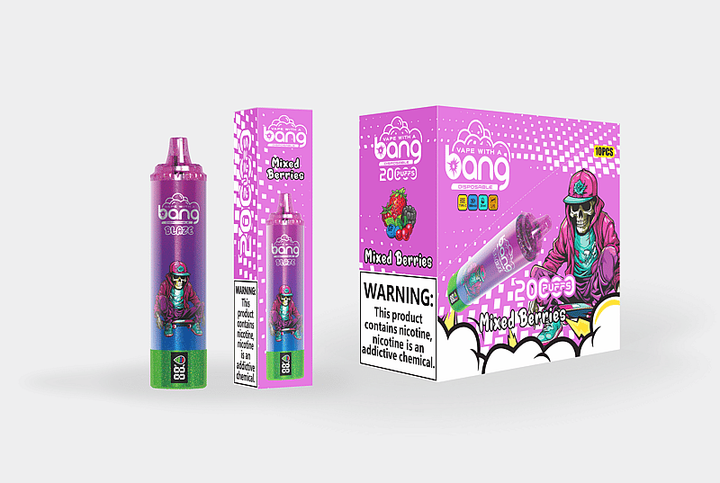 A colorful vape product packaging featuring a disposable vape labeled "bang BLAST" with a mixed berries flavor. The design includes a cartoon character with a skull face wearing a cap and jacket, surrounded by vibrant berry graphics. The packaging has warning labels about nicotine content.
