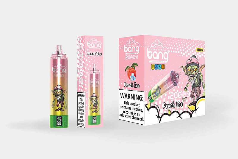 A colorful disposable vape product labeled "Peach Ice," featuring a vibrant design with an illustration of a mischievous character, alongside its packaging that includes a warning about nicotine addiction.