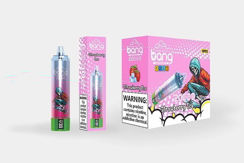Pink packaging and a vape device labeled "Bang" with "Strawberry Ice" flavor, featuring a skeleton skateboarder illustration and a nicotine warning label.
