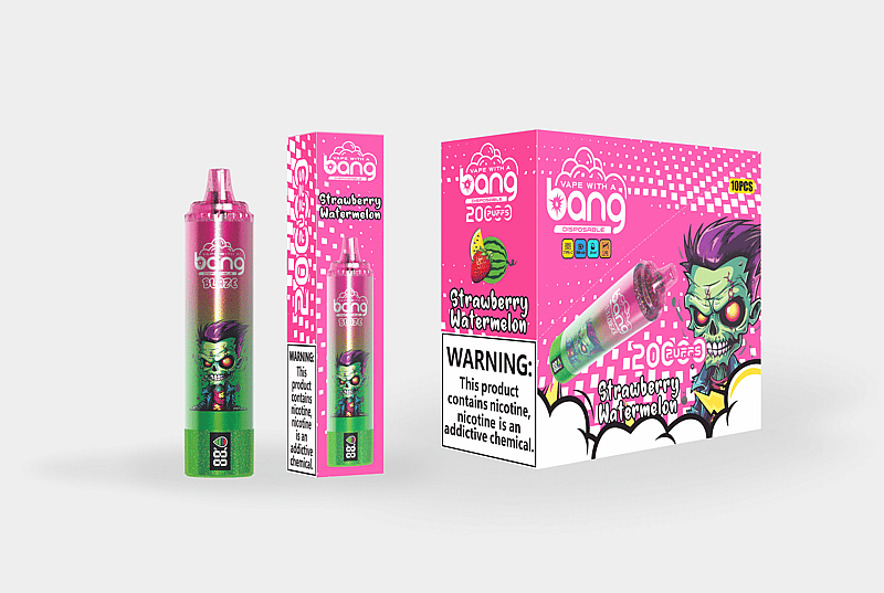 Strawberry Watermelon flavored disposable vape packaging with a green and pink gradient design, featuring a zombie character illustration and a "20 puffs" label.