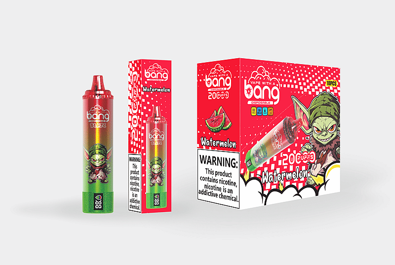 Disposable vape packaging with a "Bang" brand, labeled "Watermelon" flavor, featuring a green goblin character and a nicotine addiction warning.