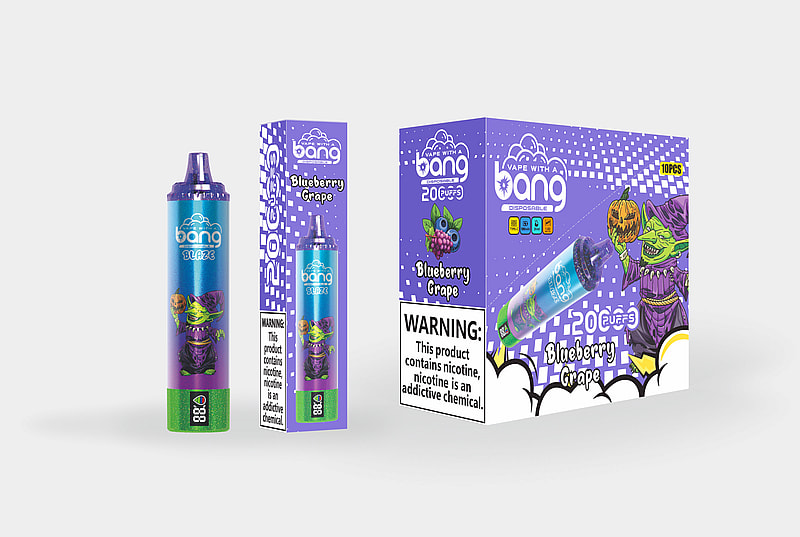 Bang disposable vape product packaging in Blueberry Grape flavor, featuring a vape pen, a single box, and a larger box with 10 pieces; design includes a green goblin character in a purple costume holding a pumpkin, and a warning label about nicotine addiction.