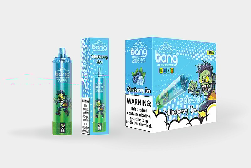 Blueberry Ice flavored disposable vape with vibrant packaging, featuring a green cartoon character, product box, and nicotine warning label.