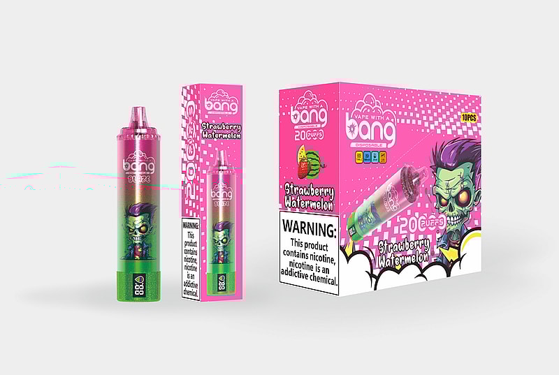 Strawberry Watermelon flavored disposable vape packaging with a green and pink gradient design, featuring a zombie character illustration and a "20 puffs" label.