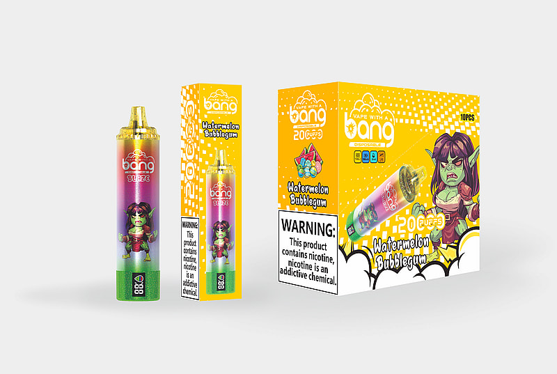 Brightly colored packaging for a disposable vape labeled "Bang Blaze" in Watermelon Bubblegum flavor, featuring a cartoonish green character with red hair, alongside a warning label about nicotine addiction.
