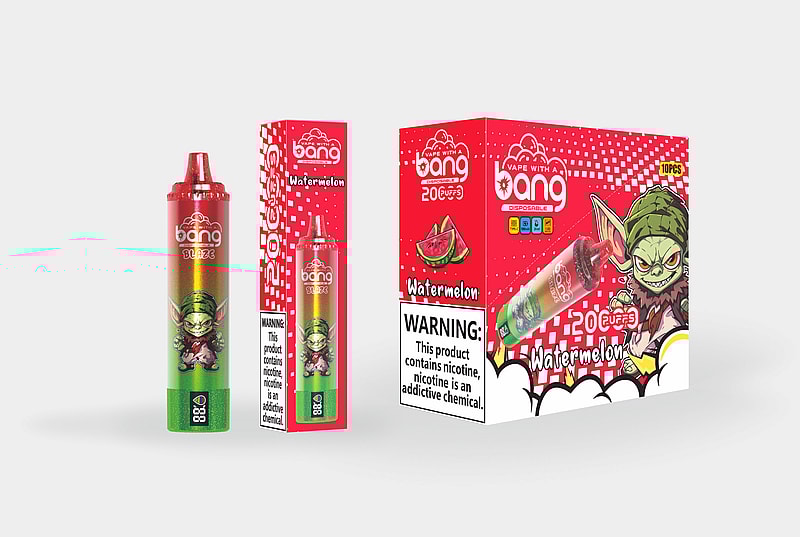 Disposable vape packaging with a "Bang" brand, labeled "Watermelon" flavor, featuring a green goblin character and a nicotine addiction warning.