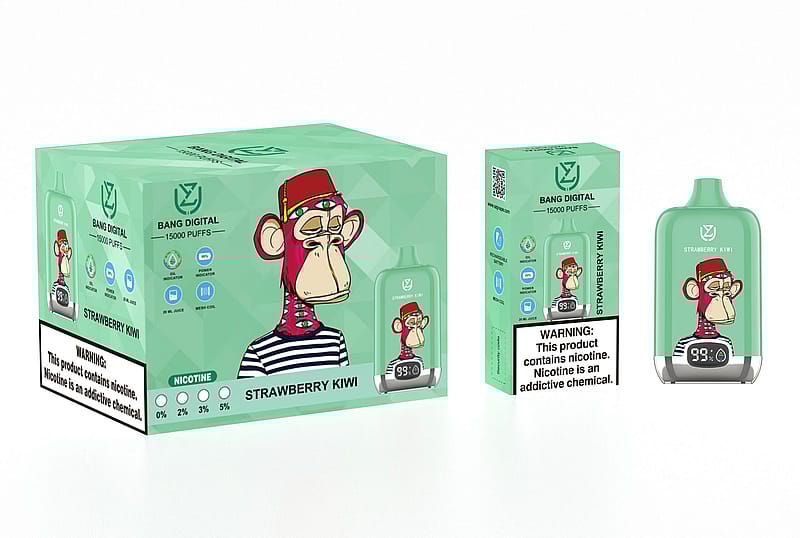 Confezione di Bang Digital Strawberry Kiwi vape da 15.000 puff, con immagine di scimmia animata ed etichetta di avvertimento sulla nicotina.
