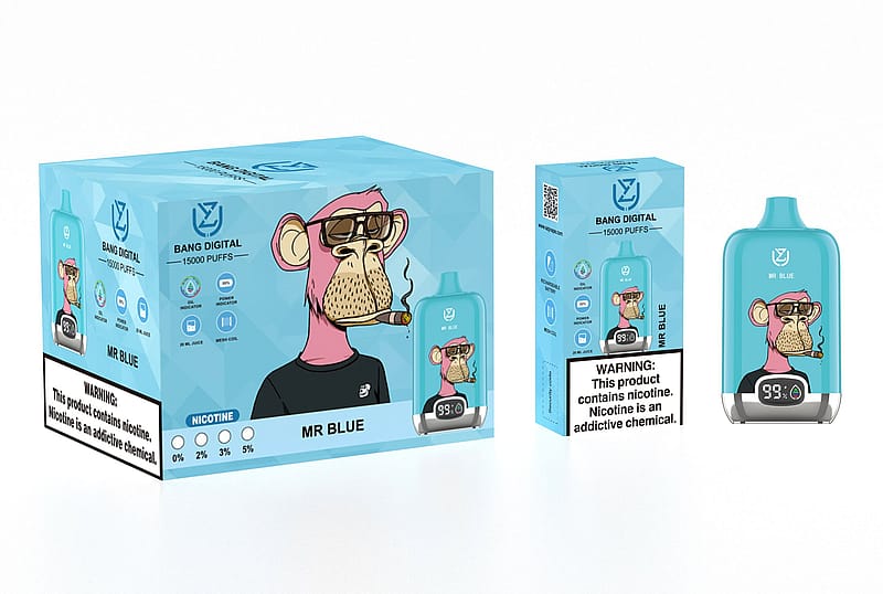 Confezione di un prodotto da svapo chiamato "Bang Digital" con un personaggio scimmiesco rosa che indossa occhiali da sole e fuma, etichettato "MR BLUE", con un'avvertenza sulla nicotina come sostanza chimica che crea dipendenza.