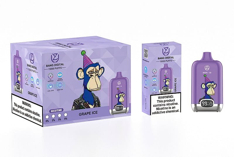 Confezione e prodotto di una svapata "Bang Digital" con 15.000 boccate, etichettata "Grape Ice" con una scimmia blu a fumetti che indossa un cappello da festa.