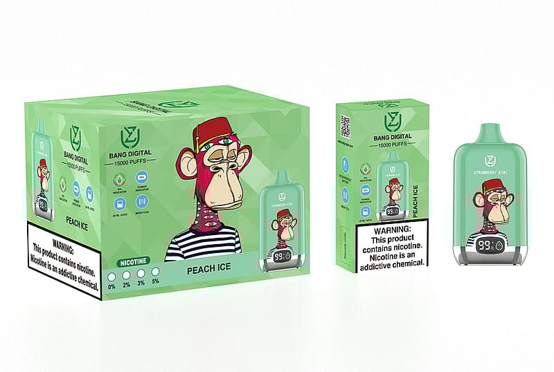Bang Digital è un dispositivo da svapo con 15.000 boccate al gusto Peach Ice, caratterizzato da una confezione verde con il disegno di una scimmia animata e un'etichetta di avvertimento sulla nicotina.