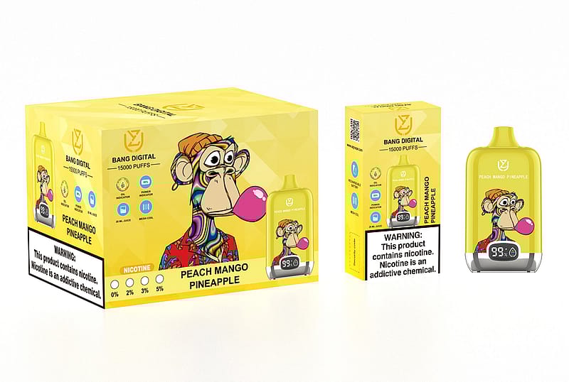 Confezione di sigaretta elettronica gialla etichettata "Bang Digital 15000 Puffs" con una scimmia illustrata che soffia una bolla, aroma "Peach Mango Pineapple" e un'avvertenza sulla nicotina.
