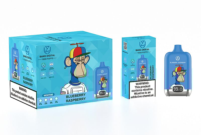 Confezione del dispositivo per il vaping "Bang Digital" con una scimmia dei cartoni animati che indossa un cappello a elica colorato, al gusto di mirtillo e lampone e con un'etichetta di avvertenza sulla nicotina.