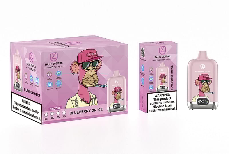Confezione di un prodotto da svapo etichettato "Bang Digital 15000 Puffs" al gusto "Blueberry on Ice", con una scimmia illustrata che indossa un cappello e occhiali da sole.