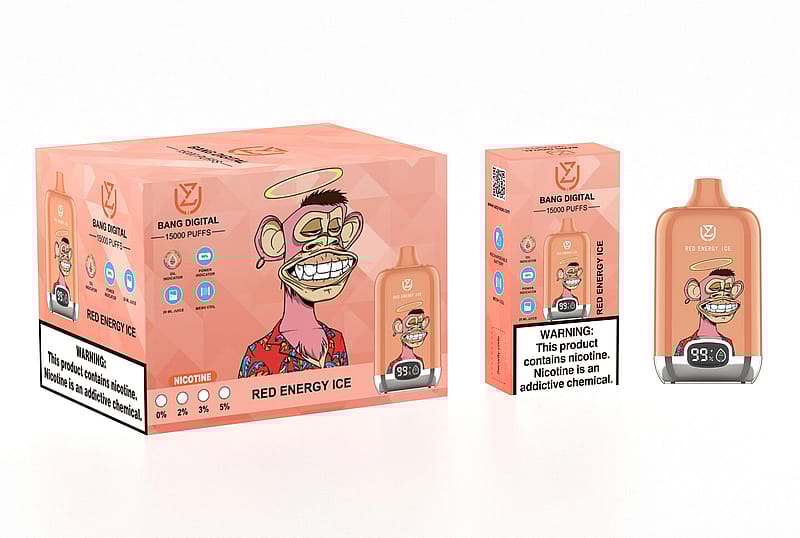 Confezione di un prodotto da svapo chiamato "Bang Digital" con una scimmia illustrata, etichettata come "Red Energy Ice", con avvertenze sulla dipendenza da nicotina.