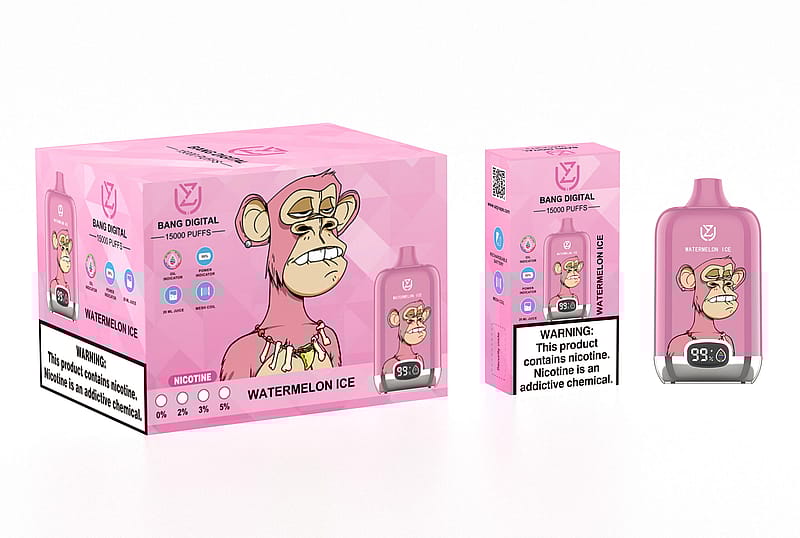 Imballaggio e immagine del prodotto della svapata Bang Digital Watermelon Ice, con un dispositivo rosa con un'illustrazione di una scimmia animata e un testo che indica 15.000 boccate, i livelli di nicotina e le avvertenze per la salute.