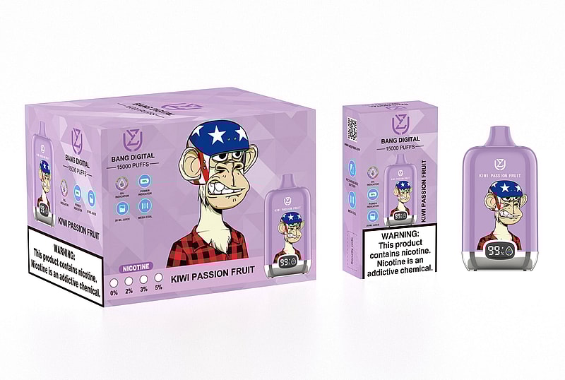 Packaging of a "Bang Digital" vape device in kiwi passion fruit flavor featuring a cartoon monkey in a star-spangled helmet. The packaging includes warnings about nicotine content and displays the device with a digital puff counter.