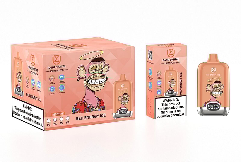 Packaging of a vape product named "Bang Digital" featuring an illustrated cartoon monkey, labeled "Red Energy Ice," with warnings about nicotine addiction.