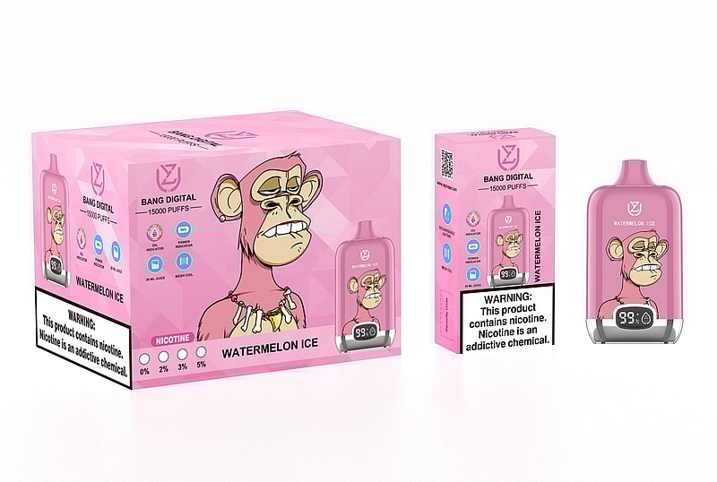 Packaging and product image of Bang Digital Watermelon Ice vape, featuring a pink device with a cartoon ape illustration and text indicating 15,000 puffs, nicotine levels, and health warnings.