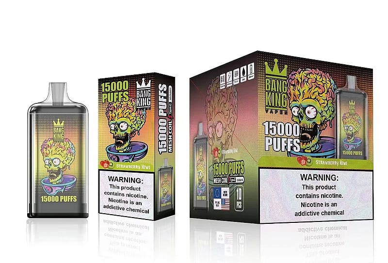Dispositivo e confezione di Bang King, con una grafica colorata di uno zombie e un testo che indica "15000 boccate" con un'avvertenza sulla dipendenza da nicotina.