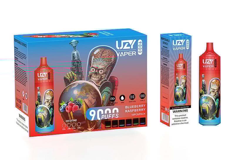Packaging of a disposable vape device called "UZI Vaper" with a blueberry raspberry flavor, featuring a cartoonish alien holding a globe, and labeling that indicates 9,000 puffs, nicotine strength options, and warnings about nicotine addiction.