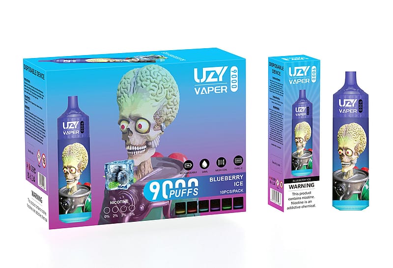 Disposable vape packaging featuring a cartoonish alien character with a large exposed brain, labeled "Uzy Vaper 0006," with blueberry ice flavor, 9000 puffs, nicotine options, and various product features.
