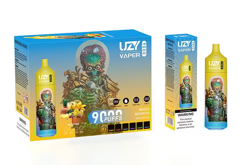Packaging of a disposable vape device labeled "UZV Vaper" featuring an alien character, fruit imagery, and the text "9000 puffs" with nicotine options.