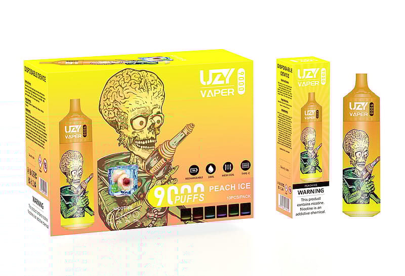 A yellow and orange box of disposable vapes with "9000 PUFFS Peach Ice" printed on the front, featuring a cartoonish alien-like skeleton holding a futuristic device. The packaging also displays vape specifications and warnings.