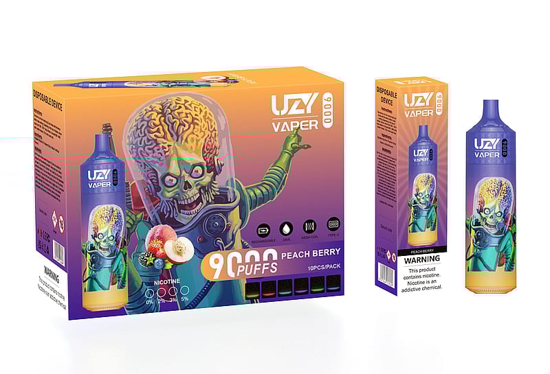 Packaging of a disposable vaping device with a sci-fi alien design, labeled "UZI Vaper," offering 9000 puffs in "Peach Berry" flavor. The box shows an alien with a large brain in a glass dome, holding fruit.