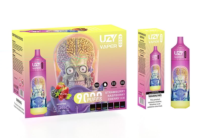 Colorful vape packaging featuring a disposable device labeled "UZY Vaper 9000 Puffs" with a skull illustration, strawberry, raspberry, and cherry fruit images, and a nicotine warning.