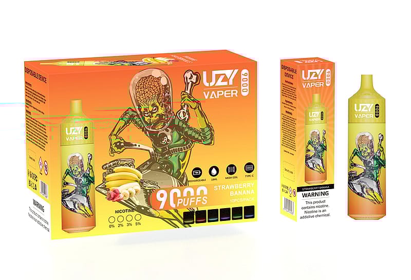 Packaging of a disposable vape device with an alien character holding a bone. The product is strawberry banana flavored, offering 9000 puffs, and contains nicotine, an addictive chemical.