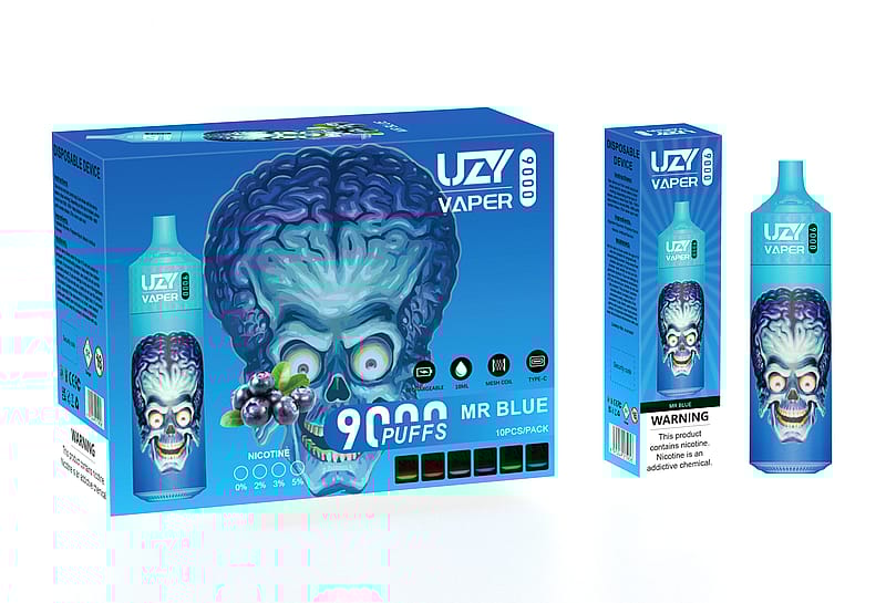 Blue packaging for a disposable vaping device labeled "UZV Vaper 9000 Puffs MR BLUE," featuring an illustration of a blue, zombie-like face and images of blueberries.