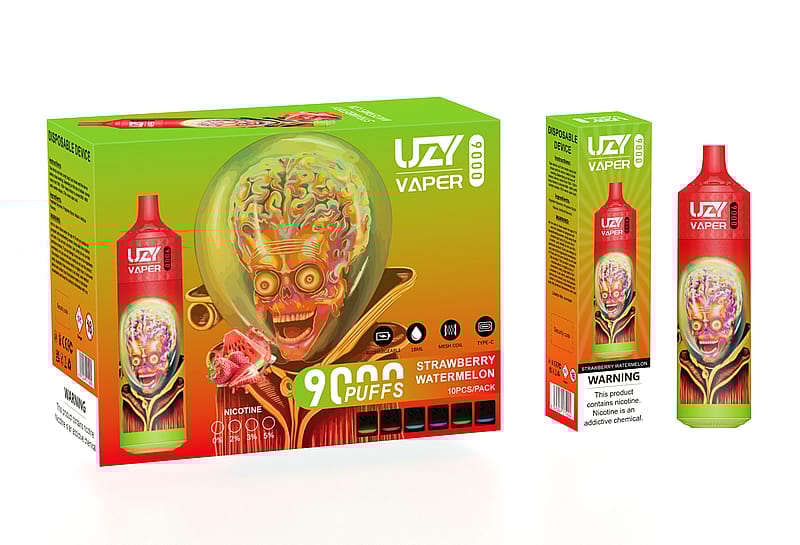 A colorful vaping product package featuring a skull with a visible brain, labeled "UZI Vaper 9000 Puffs" and flavored "Strawberry Watermelon."