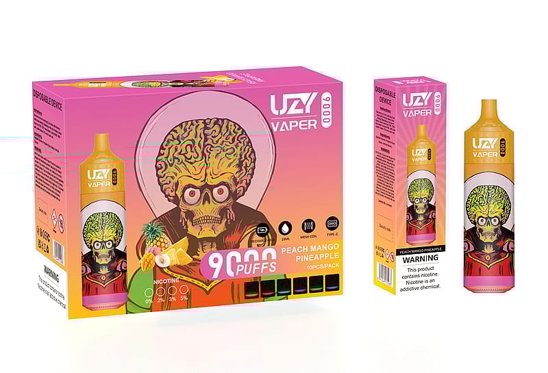 Packaging design for UZY Vaper 9000 Puffs disposable vape device featuring a cartoon alien with an exposed brain, bright colors, and flavor text indicating "Peach Mango Pineapple." The packaging includes product specifications and a nicotine warning label.