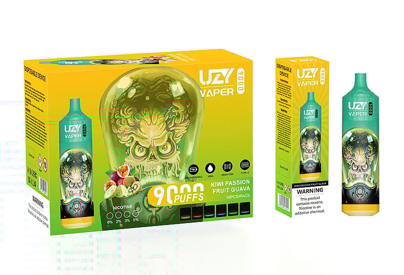 Packaging for a disposable vaping device with a "Kiwi Passion Fruit Guava" flavor. The box features a green skull design, with "9000 puffs" highlighted. Warnings about nicotine content are included on the side.