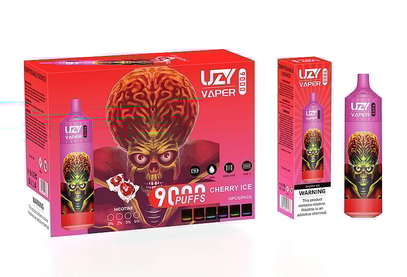 Packaging of a cherry ice flavored disposable vape with 9000 puffs, featuring a skull with an exposed brain on the design.