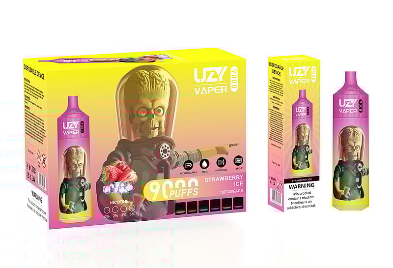 Packaging for UZY Vaper disposable device featuring a cartoonish alien character, with "9000 puffs," "Strawberry Ice" flavor, and icons indicating features like rechargeable, mesh coil, Type-C, and different nicotine levels.