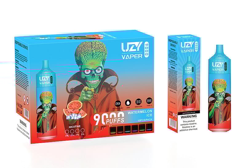 Packaging for a disposable vape device labeled "Watermelon Ice," featuring a cartoon alien with an exposed brain holding a watermelon slice.