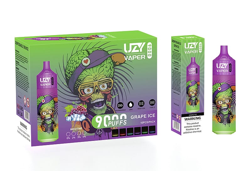 Packaging of UZI Vaper disposable vape in Grape Ice flavor, featuring a colorful cartoon zombie character with green hair, yellow glasses, and headphones. The box highlights "9000 puffs," nicotine options, and rechargeable features with mesh coil and Type-C compatibility.