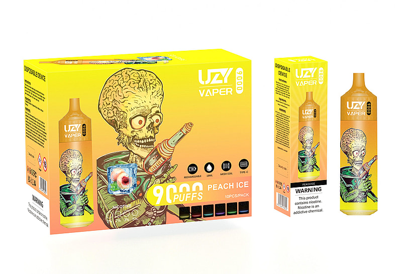 A yellow and orange box of disposable vapes with "9000 PUFFS Peach Ice" printed on the front, featuring a cartoonish alien-like skeleton holding a futuristic device. The packaging also displays vape specifications and warnings.