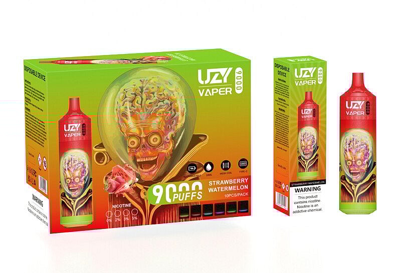 Un emballage coloré de produit de vapotage représentant un crâne avec un cerveau visible, étiqueté "UZI Vaper 9000 Puffs" et aromatisé "Strawberry Watermelon" (pastèque à la fraise).